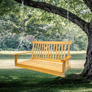 Front Porch Wood Bench Swing With Armrests And Hanging Chains, Easy To Assemble, 47.20"x28.15"x23.62" - 1 of 4