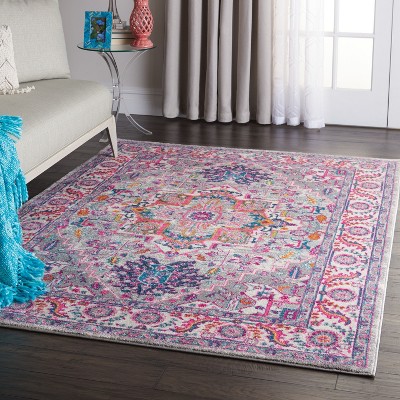 Light Grey and Pink Geometric Medallion Area Rug
