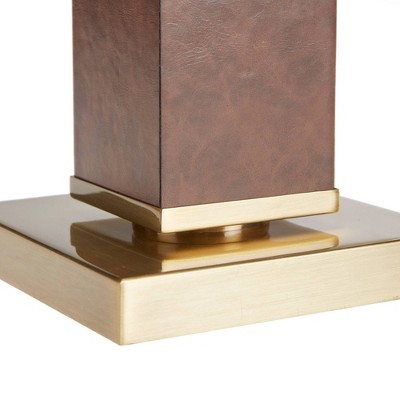 22" Brown Faux Leather Table Lamp with Gold Base and Ivory Shade
