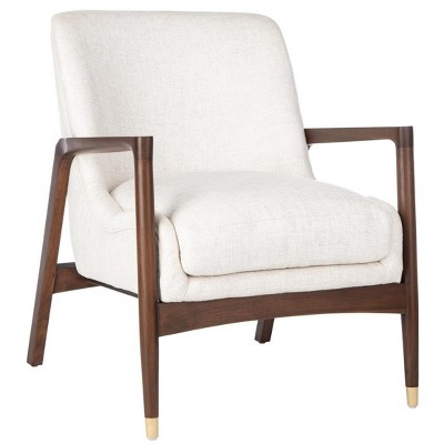 Scandinavian Cream Linen & Wood Transitional Accent Chair with Brass Tips