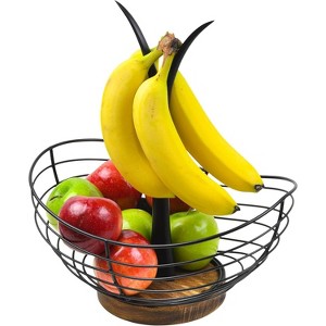 Enlea Modern Farmhouse Fruit Basket with Banana Holder for Kitchen Counter, Wooden Base Fruit Bowl & Banana Hanger for Kitchen Countertop Decor - 1 of 3
