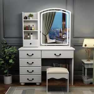 TIRAMISUBEST Fashion Vanity Desk with Mirror and Lights, Vanity Table with 6 Storage Drawers and Open Shelves, Makeup Vanity Set with Cushioned Stool - 1 of 4