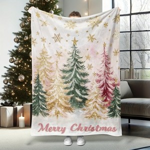 1pc Contemporary Style Christmas Flannel Blanket, Winter Pine Tree & Snowflake Design, Green & Golden with Pink Accents. - 1 of 4
