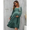 Women's Maternity Midi Dress Long Sleeve V-Neck Flowy Dress Pleated Flare with Smocked Cuffs Casual Dress,Green - 2XL - 4 of 4