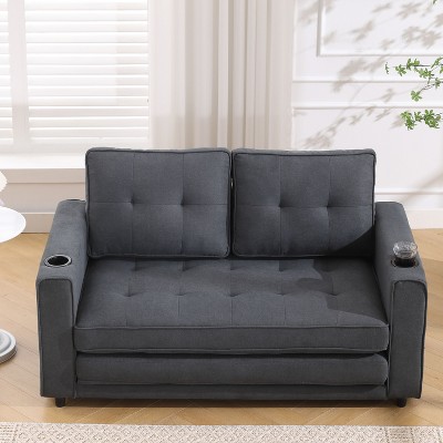 NicBex 3-in-1 Upholstered Convertible Sleeper Chair, Pull-out Sofa Bed with Cup Holder Design,Couches with Side Pockets for Living Room,Dark Gray