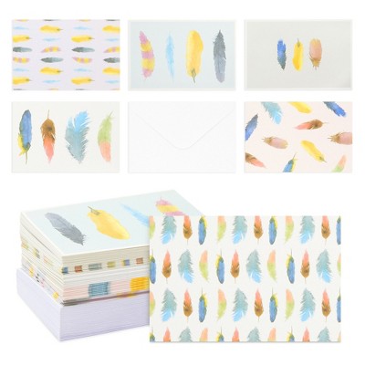 Paper Junkie 48-Pack Stationary Cards with Envelopes, Blank Note Watercolor Feather Design for All Occasions, Bulk Set, 4 x 6 inches