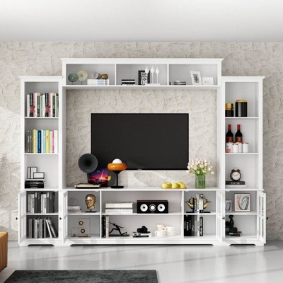 FUFU&GAGA 102'' Large Storage TV Stand,Wall Unit TV Console,Modular Entertainment Center with Hutch,Glass Door,Adjustable Shelves