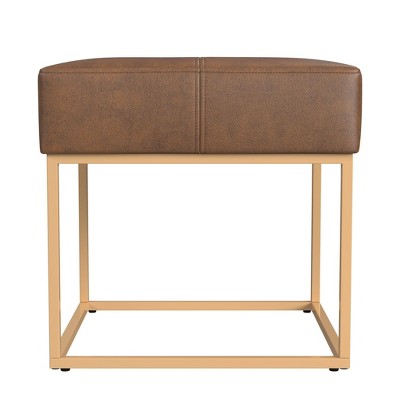 Small Brown Faux Leather Ottoman with Metal Frame