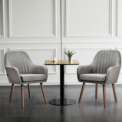 Set of 4 Gray Linen Upholstered Accent Chairs with Rubber Wood Legs