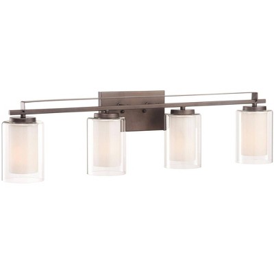 Transitional Smoked Iron 4-Light Bath Bar with Etched White Glass
