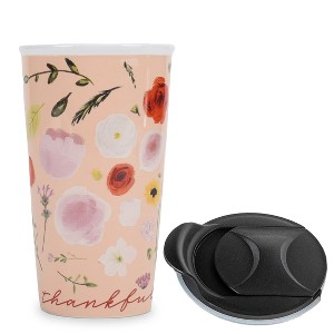 Lighthouse Christian Products Thankful and Blessed 12 ounce Ceramic Stoneware Travel Tumbler Mug, Blush Pink Floral - 1 of 4
