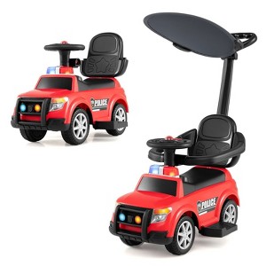 3-in-1 Toddler Push Car with Handle and Canopy, Police Ride On Toy with ...