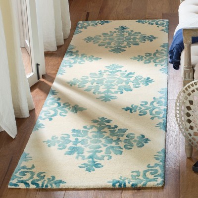 Ivory and Light Blue Hand-Tufted Wool Runner Rug