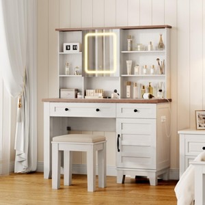 Farmhouse Makeup Vanity Desk with Solid Wood Stool, Makeup Vanity with Mirror and Lights & Power Outlet, Makeup Table with 2 Drawers, Dressing Table - 1 of 4