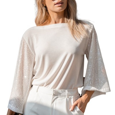 Amaryllis Women's Sequin Sleeve Boat Neck Top Elegant Sparkle Statement Piece