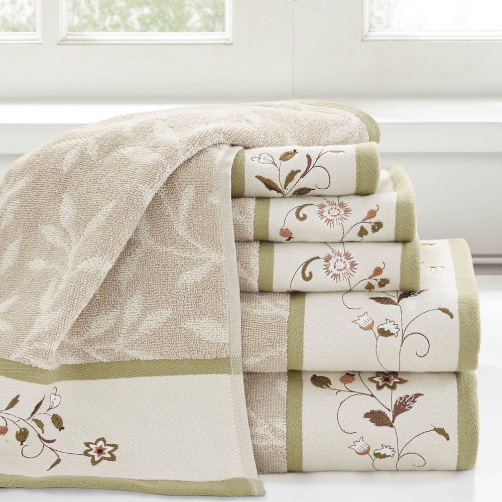 Photos - Towel 6pc Monroe Embroidered Cotton Jacquard  Set Green - Madison Park