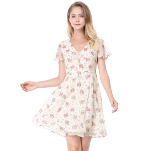 Allegra K Women's Floral Printed Flare Short Sleeve Lace-up V Neck A-Line Chiffon Dress - 1 of 4