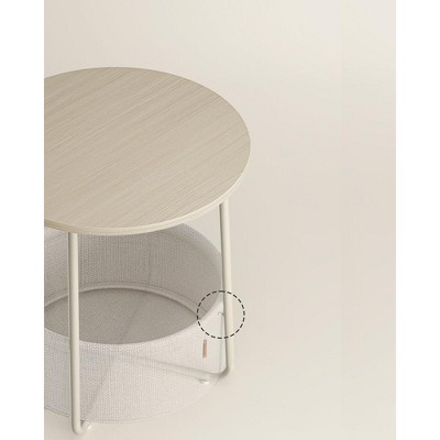 Cream White Round Side Table with Fabric Basket