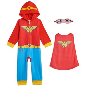 DC Comics Justice League Batgirl Supergirl Wonder Woman Girls Zip Up Costume Pajama Coverall and Cape Toddler to Little Kid - 1 of 4