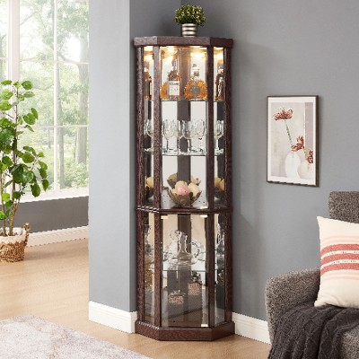 Lyngins American Design Glass Display Cabinet with 2 Side-Hung Doors, Lighted Corner Curio Cabinet with Adjustable Shelves, Accent Storage Cabinet