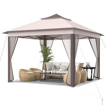 Tangkula 11 x 11 ft Pop up Gazebo 2-Tier Patio Canopy Tent Shelter w/ Carrying Bag Beige/Brown