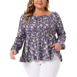 Women's Plus Size Floral Tie Keyhole Neck Long Sleeve Casual Peplum Blouse - Agnes Orinda - 1 of 4