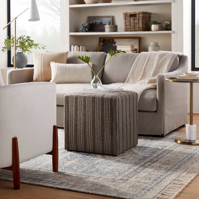 Lynwood Square Upholstered Cube Ottoman Dark Brown Stripe - Threshold™ designed with Studio McGee: Transitional Style, Plywood Frame