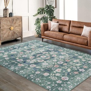 Washable Floral Rugs Soft Thin Flower Carpet Non Slip Low Pile Modern Printed Area Rug for Kids Room Living Room Bedroom - 1 of 4