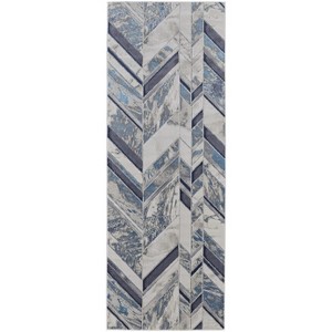 HomeRoots 8' Ivory Blue And Gray Chevron Power Loom Distressed Runner Rug - 1 of 4