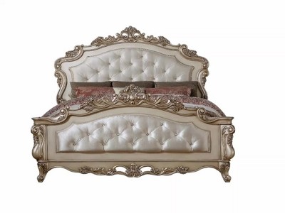 King Cream Upholstered Wood Panel Bed with Tufted Headboard