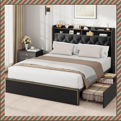 Garvee Velvet Upholstered Bed Frame with 4 Storage Drawers, Tufted Headboard & Nailhead Trim, No Box Spring Needed,  – Black