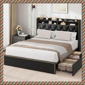 Garvee Velvet Upholstered Bed Frame with 4 Storage Drawers, Tufted Headboard & Nailhead Trim, No Box Spring Needed,  – Black - 1 of 4