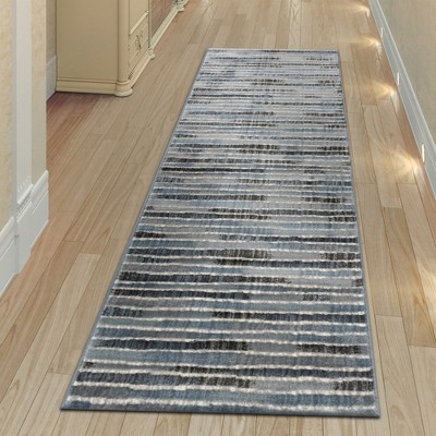 Blue and Gray Wool Blend Stripe Runner Rug 1'11" x 7'6"