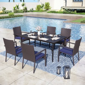 Captiva Designs 7pc Patio Dining Set with Geometric Pattern Rectangle Table & Rattan Chairs with Cushions - 1 of 4