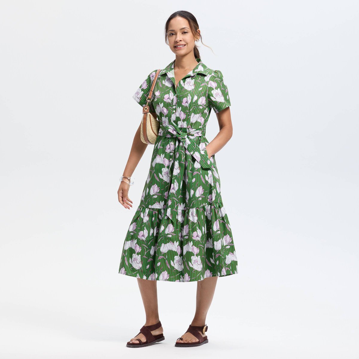 Женские платья Universal Thread Women's Button-Down Short Sleeve Midi A-Line Dress - Universal Thread™ Green Floral S — фото 3