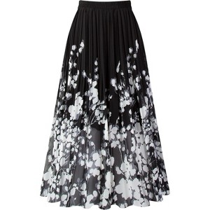 Women's Chiffon Pleated Midi Skirt - A-Line Skirt with Elastic Waist for Elegant Style C Black Floral - 1 of 4