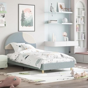Twin Bed Frame with Round Boucle Headboard, Upholstered Arch-Shaped Design in Soft Pink, Modern Kids Wooden Slats Bed,  Easy Assembly - 1 of 4