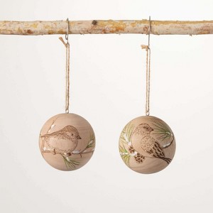 Wood Sphere Bird Ornament Natural 3"H Wood Set of 2 - 1 of 4