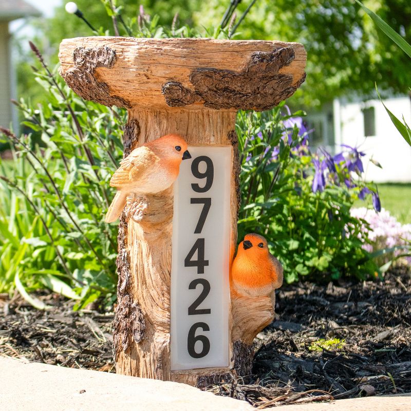 Sunnydaze Staked Country Tree Stump Bird Bath with Solar Lighted Address Plate - 15.5", 5 of 14