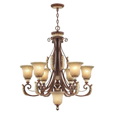Verona Bronze & Aged Gold Leaf 7-Light Rustic Art Glass Chandelier