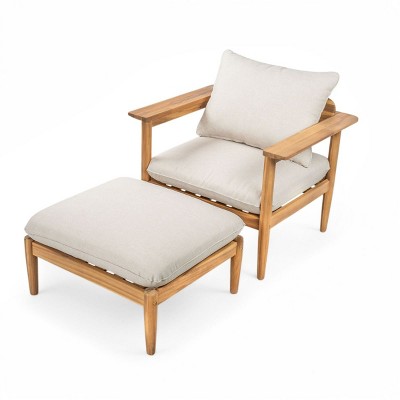 Outdoor Acacia Wood Lounge Chair with Beige Cushions,Wide Backrest and Armrests–The Pop Home