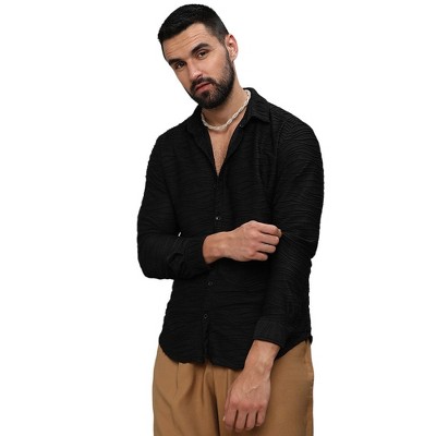 Campus Sutra Men Men's Midnight Black Self-Design Wave Shirt