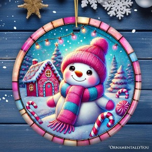 Snowman Candyland Pink Themed Ornament, Gift for Cozy Christmas Winter Wonderland | OrnamentallyYou - 1 of 4
