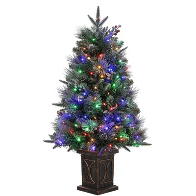 3/4.5 ft Pre-Lit Potted Flocked Christmas Tree, Artificial Christmas Tree with 78 Warm White Led Lights