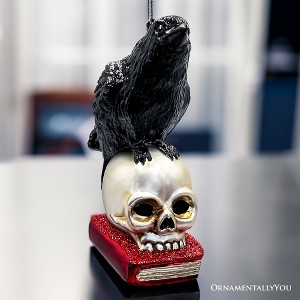 Raven on Skull and Book Glass Ornament, Horror Edgar Allan Poe Decoration| OrnamentallyYou - 1 of 4