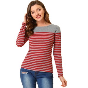 INSPIRE CHIC Women's Color Block Round Neck Long Sleeves Striped Basic T-Shirt - 1 of 4