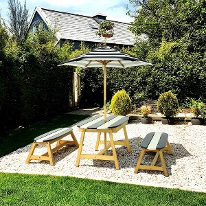Hrinhom 3-Piece Outdoor Blue&White Stripes Kids Picnic Table with Umbrella and 2 Benches - 1 of 4