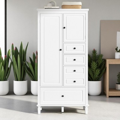 Tall Storage Cabinet with 4 Drawers and Adjustable Shelves, Freestanding Solid Wood & MDF Cabinet with Doors, Anti-Tip Device