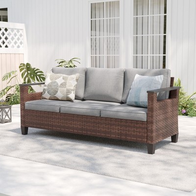 Sonkuki Outdoor Wicker Patio 3-Seat Sofa, PE Rattan Conversation Set With All-Weather Cushions