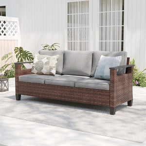 Sonkuki Outdoor Wicker Patio 3-Seat Sofa, PE Rattan Conversation Set With All-Weather Cushions - 1 of 4